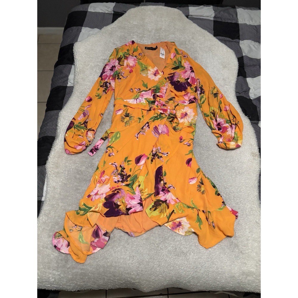 New York & Co Orange Floral Wrap Dress Women's Medium M Long Sleeve Ruffle Long